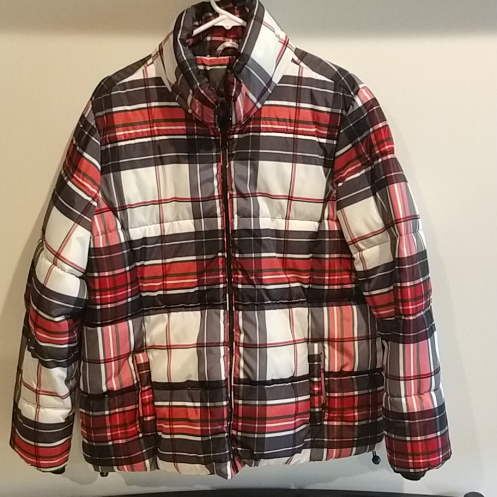 Downfield coat, black red gray and white stripes